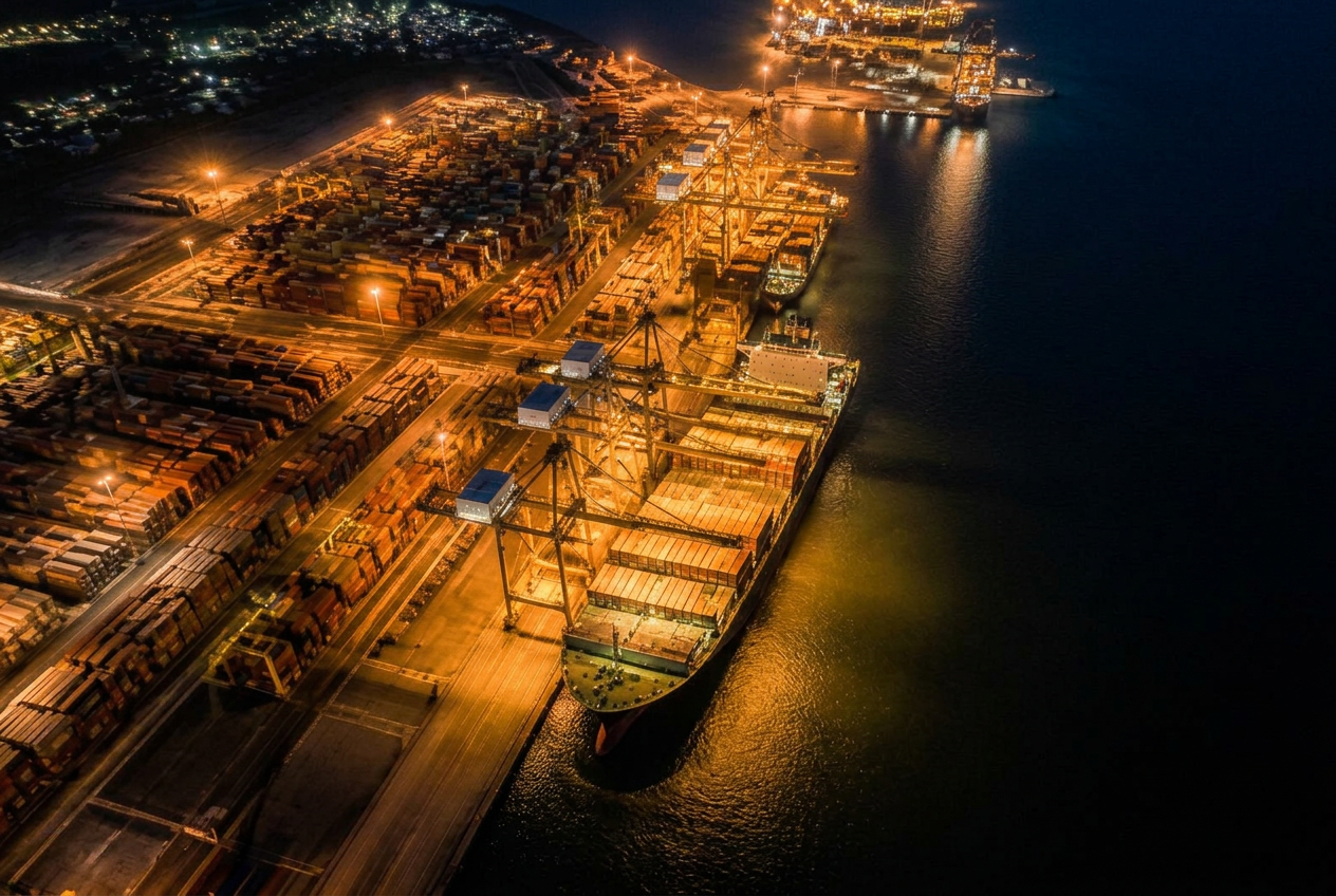 International container terminal and shipping infrastructure at night